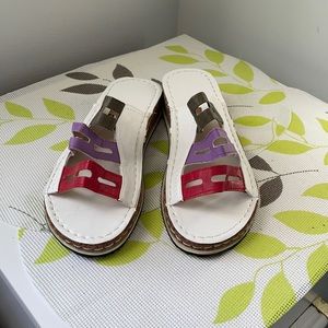 New white leather slip on sandals